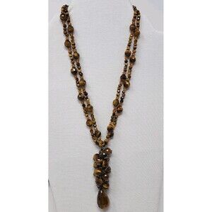 Sterling 925 Faceted Tiger’s Eye Double Strand Necklace 18” w/ 3” Drop Pendant
